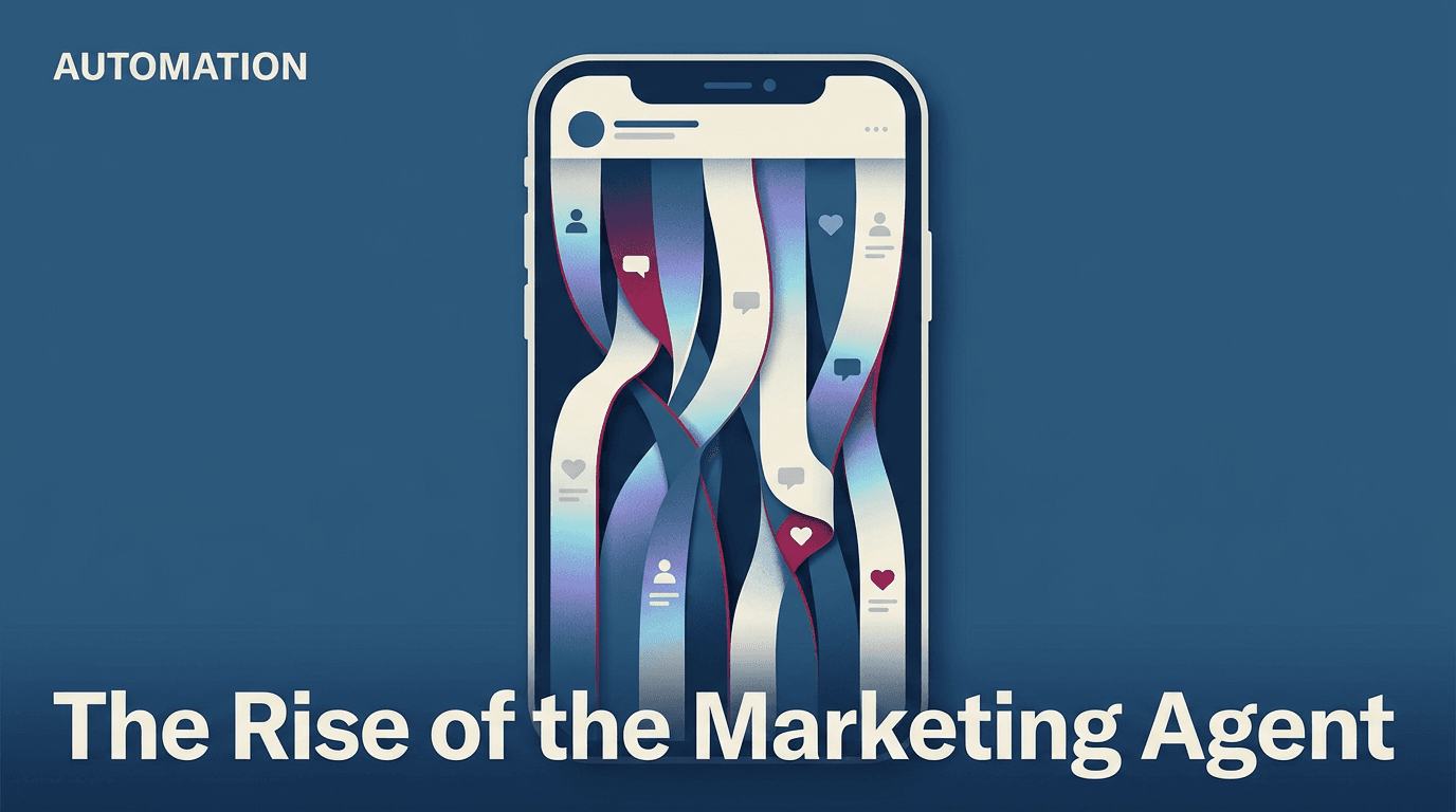 A stylized smartphone showing a holographic social media feed, representing the transition to agentic AI marketing.