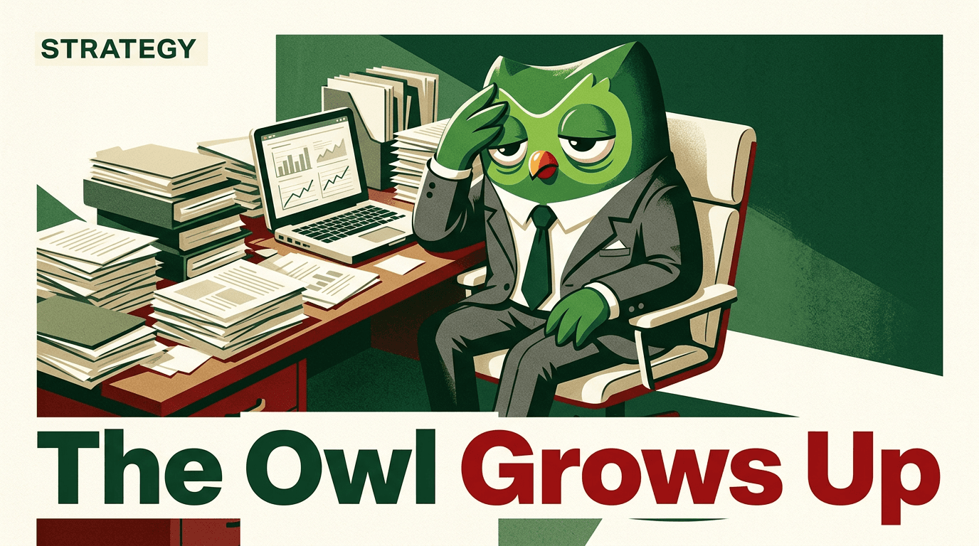 A green owl mascot in a suit looking professional yet exhausted at a desk, symbolizing the shift from unhinged to corporate strategy.