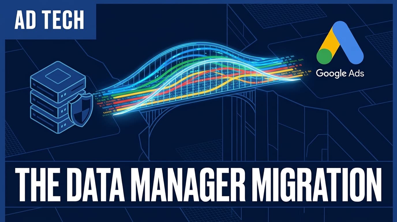A conceptual illustration of a data bridge connecting a CRM to Google Ads, symbolizing the migration to the Data Manager API.