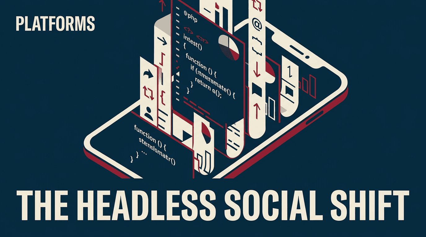 A conceptual illustration of a smartphone with digital ribbons representing the flow of social media data, symbolizing a headless API approach.