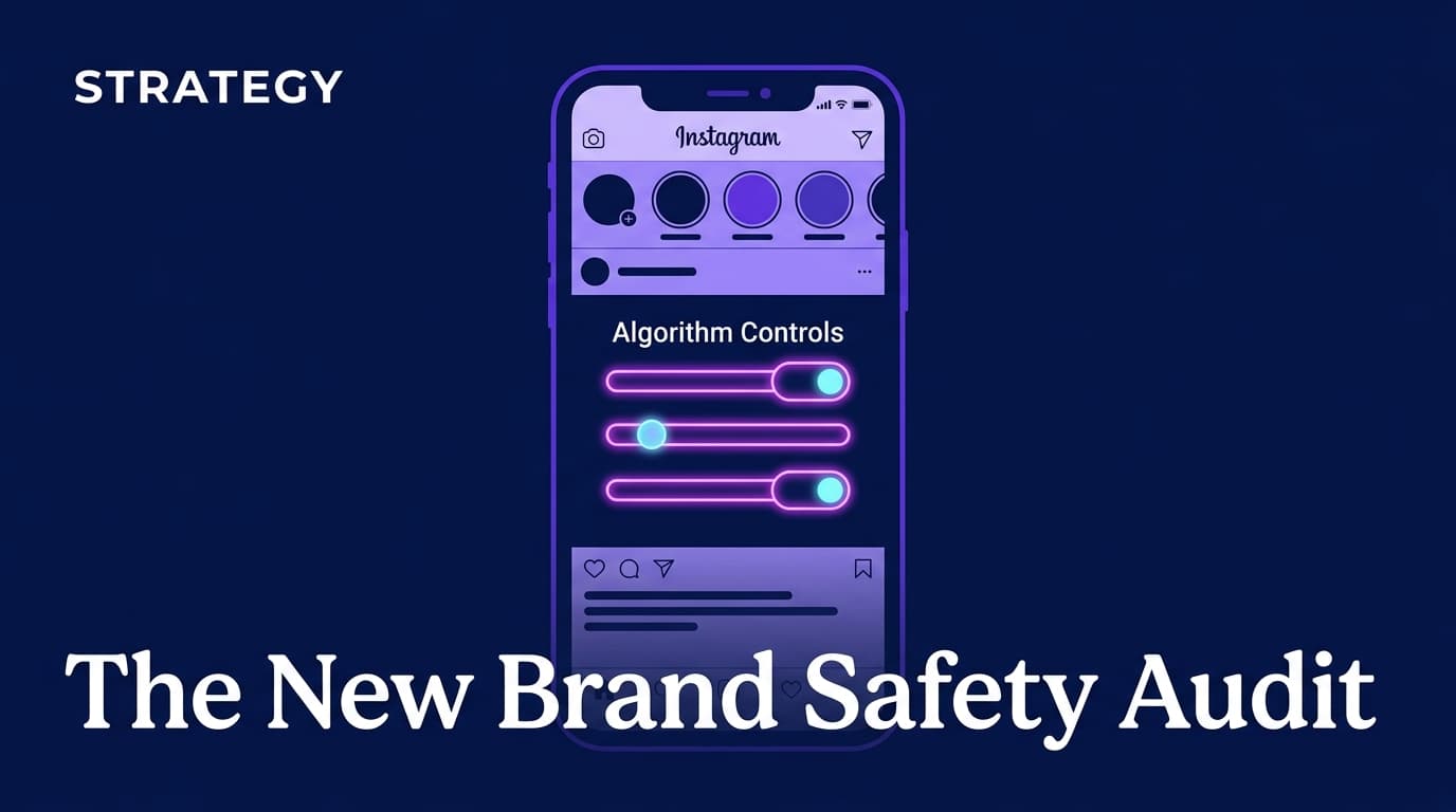 A smartphone showing Instagram algorithm control settings with a professional editorial overlay.