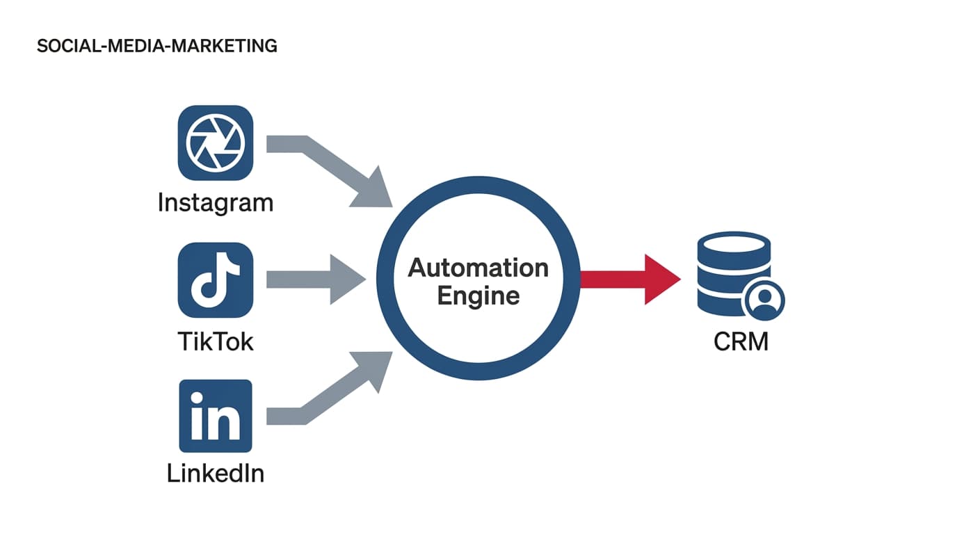 A diagram showing how social media platforms feed into a central automation hub and then into a CRM.