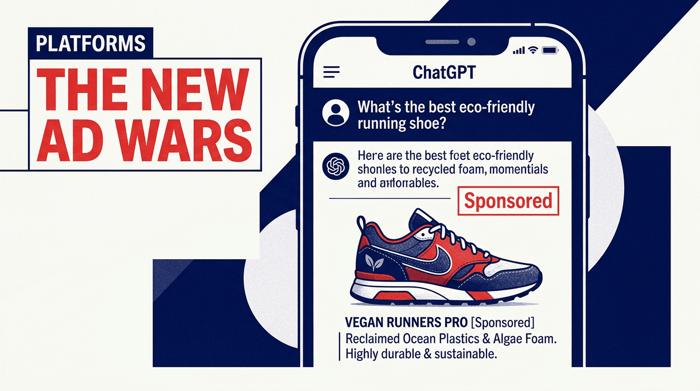 A conceptual magazine cover showing a ChatGPT interface with a sponsored product recommendation for running shoes.