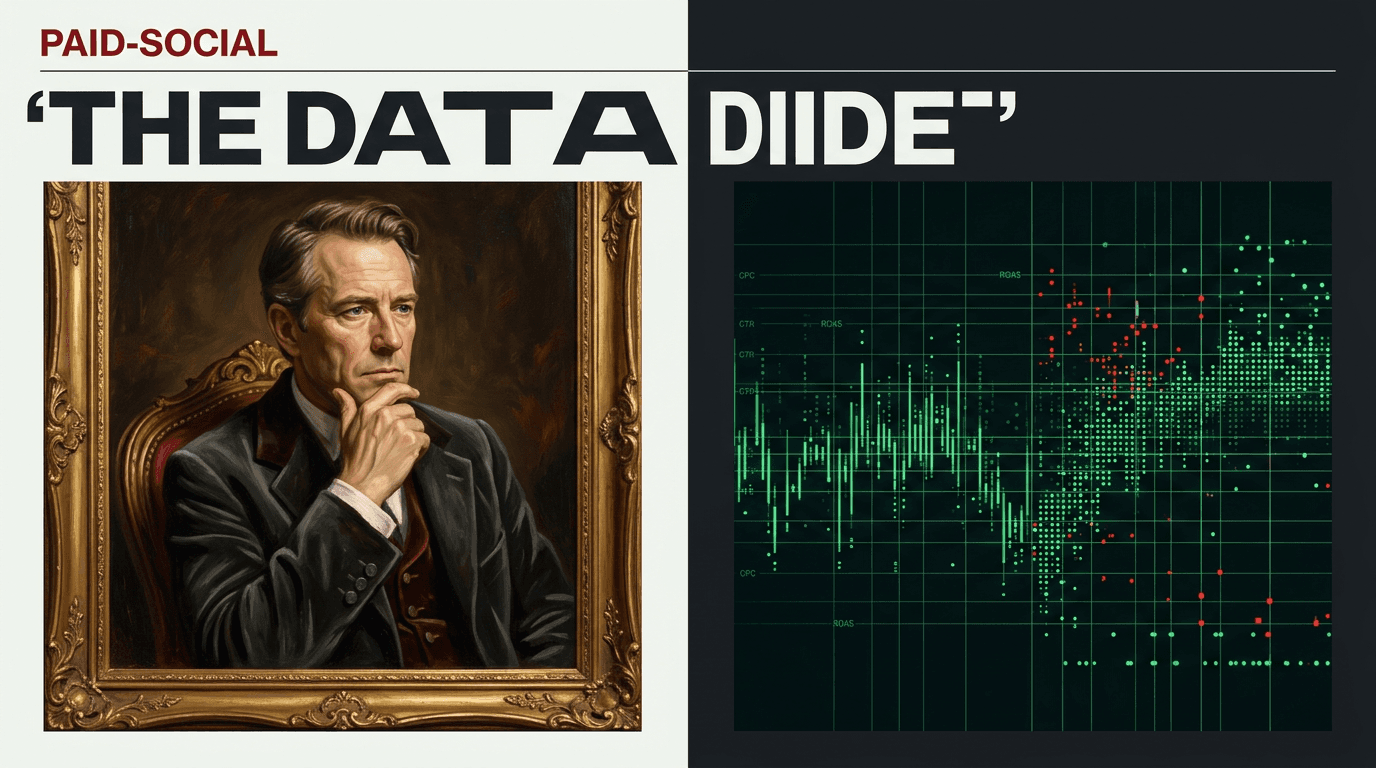 An artistic representation of the conflict between traditional creative and modern performance data.