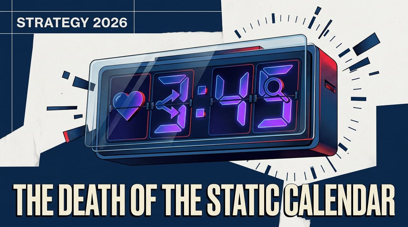 A conceptual image of a digital clock with social media icons, representing the shift to real-time marketing strategy.