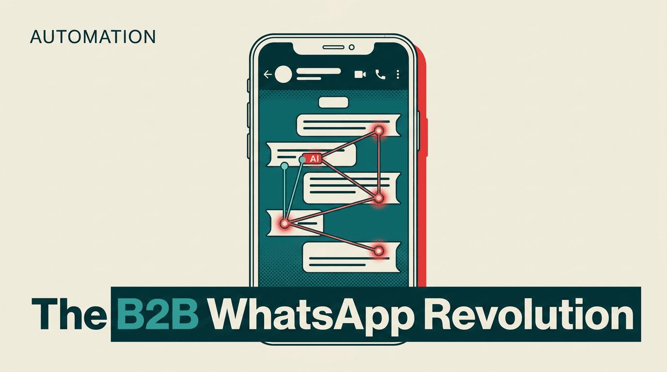 A stylized smartphone showing an AI-powered WhatsApp conversation with glowing nodes representing data processing.
