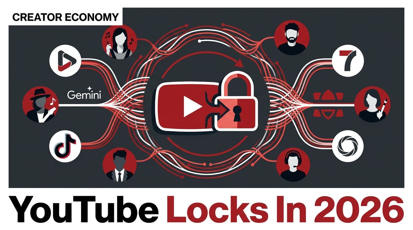 Illustrated magazine cover showing YouTube's play button as a lock securing creators with Gemini AI.