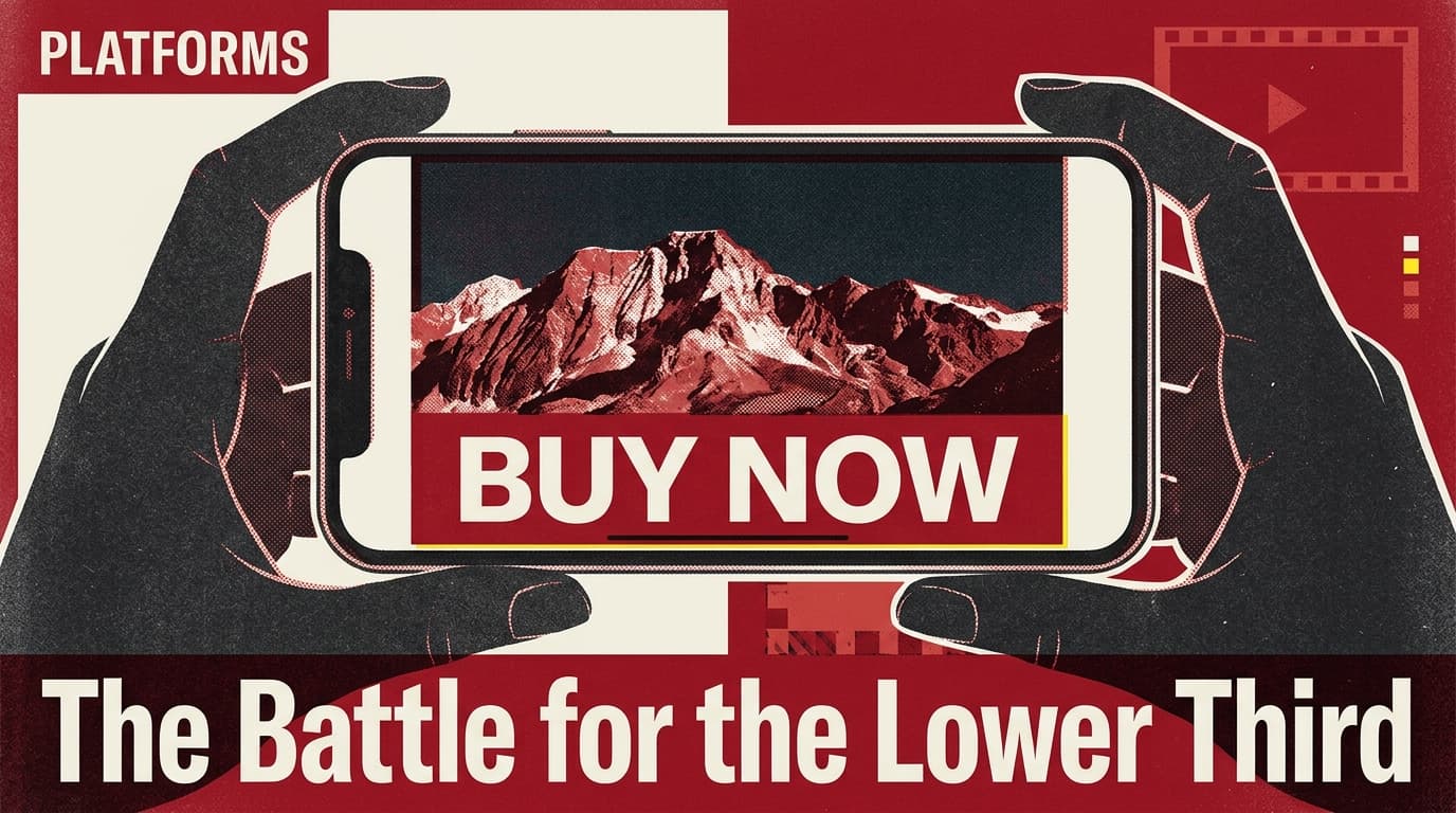A smartphone in landscape mode showing a video being obscured by a static image ad overlay.